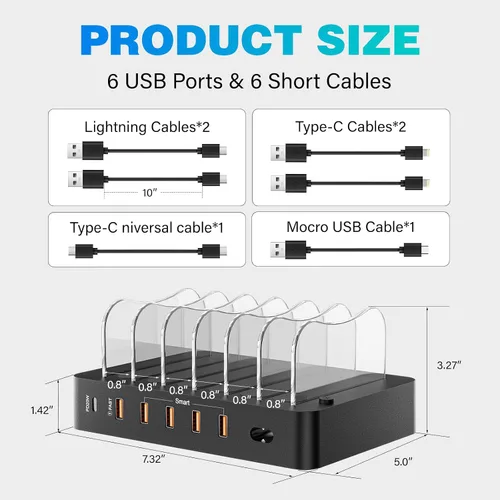 Vista 3 de Estación de carga para múltiples dispositivos 68W 6 puertos cargador de teléfono Dock con 6 cables, estación de carga rápida negra de 20 W