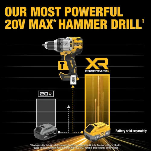 Vista 3 de DEWALT Taladro de martillo inalámbrico de 1/2 pulgada MAX XR de 20 V, solo herramienta desnuda (DCD1007B)