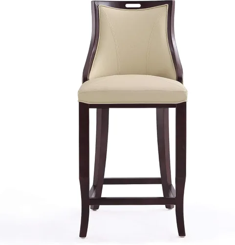 Vista 23 de Manhattan Comfort Emperor Taburetes de bar de cuero vegano con respaldo, acolchado de espuma y marco de madera de haya maciza, taburete de bar bronce
