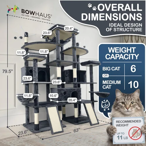 Vista 4 de BOWHAUS Árbol para gatos extra grande de 80 pulgadas de alto con percha ampliada para gatos grandes, torre para gatos grandes en interiores, moderna