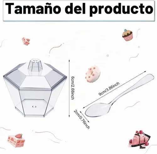 Vista 2 de Honeydak 300 tazas hexagonales de postre de 3.2 onzas con tapas y cucharas, sirve 100 vasos hexagonales de plástico con tapas para degustar