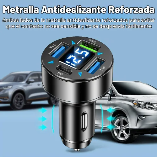 Vista 5 de Cargador rápido de coche de 4 puertos con salida de enchufe, voltímetro LED, PD3.1, súper puerto, accesorio USB universal para encendedor