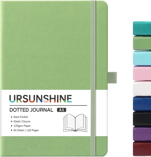 Vista 8 de Cuaderno punteado, diario, 5.3 x 8.26 pulgadas, tapa dura, prémium, papel grueso, doble espiral, bandas, cuero negro sintético, lazo para bolígrafo