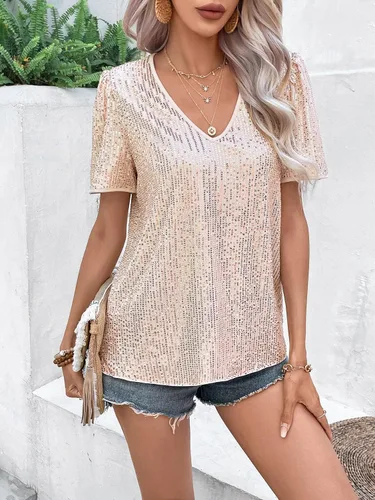 Vista 7 de SweatyRocks Camisa de manga corta abombada con cuello en V para mujer, blusa de lentejuelas brillantes con purpurina para fiesta