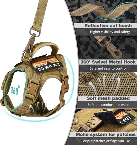 Vista 5 de Arnés táctico para gato y correa para caminar a prueba de esacpe, chaleco grande de malla suave ajustable para gatos con mango de goma fácil