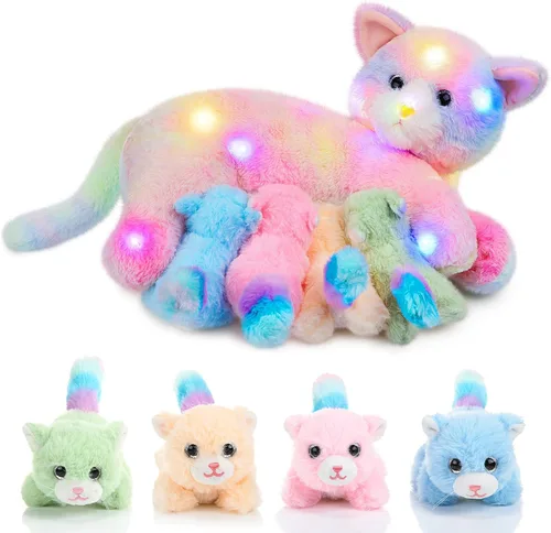 Vista 10 de Skylety Animal de peluche Nurturing con 4 gatitos de peluche, gatos de peluche para niñas y niños, mamá gatita de peluche con gatitos para regalos