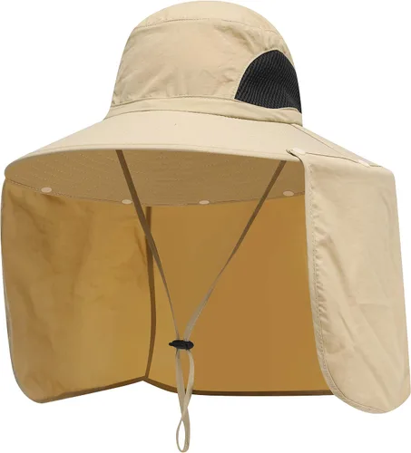 Vista 5 de Sombreros de protección solar para exteriores, gorra de pesca con solapa para el cuello, sombrero de ala grande para exteriores Verde militar