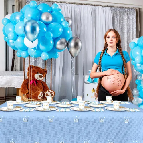 Vista 4 de AIBIIN 112 piezas Decoraciones para fiesta de baby shower para niño en acuarela azul pastel Suministros para fiesta de baby shower para niño Vajilla