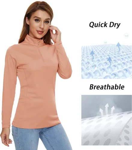 Vista 6 de CRYSULLY Camisas de manga larga para mujer, protección solar, cremallera de 14, de verano, de secado rápido