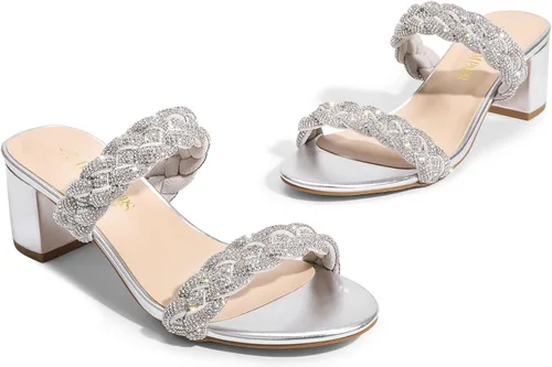 Vista 3 de DREAM PAIRS Zapatos de tacón bajo con dos correas trenzadas para mujer, puntera abierta, tacón grueso, sandalias de tacón grueso, para fiestas