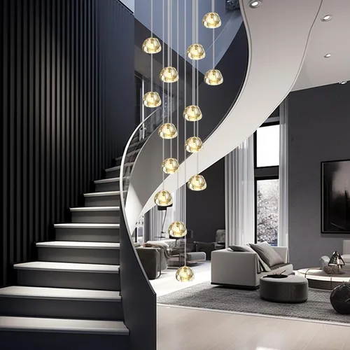 Vista 2 de Candelabro de cristal LED moderno, lámpara colgante de gota de lluvia, lámpara de techo de bola de cristal, 14 luces para escalera, sala de estar