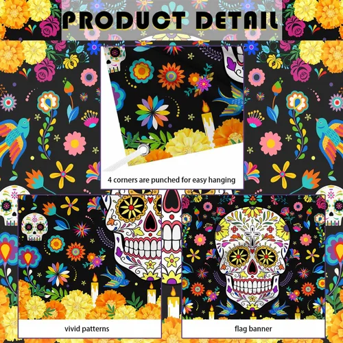 Vista 6 de MEHOFOND Telón de fondo del Día de los Muertos de 7 x 5 pies, diseño de calavera de azúcar Dia De Los Muertos, fondo de fotografía, Fieasta