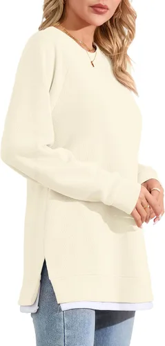 Vista 4 de YSYOKOW Women Crewneck Sweatshirt Long Sleeve Pullover Trendy Side Slit Tunic Casual Color Block Tops