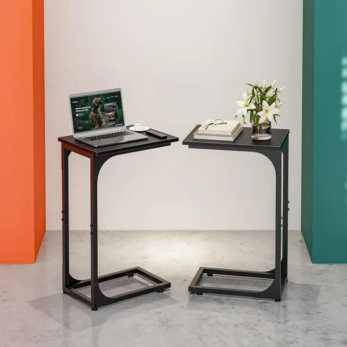 Vista 16 de Mesa auxiliar en forma de C para sofá, soporte de café pequeño, bandeja de sofá con marco de metal, parte superior de madera impermeable resistente