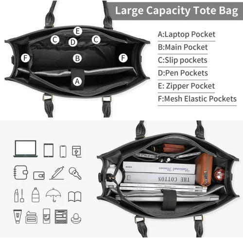 Vista 6 de Bolso para laptop de 15.6 pulgadas para mujer; bolsa tote de cuero impermeable para negocios, maletín ligero de oficina, gran capacidad, bolso