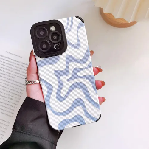 Vista 2 de Funda para iPhone 12 Pro Max para mujer, diseño de ondas azules y blancas, delgada, protectora, a prueba de golpes, funda trasera de piel sintética