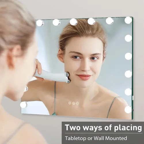Vista 6 de HOMPEN Hollywood Vanity Mirror Makeup Mirror with Lights, Touch Screen, 3 Color Modes Frameless Tabletop Mirror with 17 Dimmable Bulbs, Green