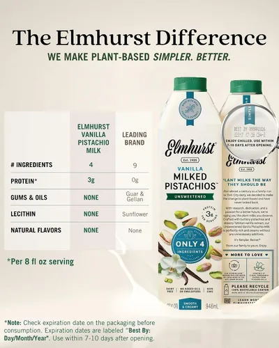 Vista 5 de Elmhurst 1925 Vanilla Pistachio Milk Unsweetened - 32 Fl Oz (Pack of 6)