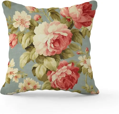 Vista 2 de Funda de almohada romántica de color aguamarina con rosas de col rosa, fundas de almohada florales de rosa francesa, funda de almohada