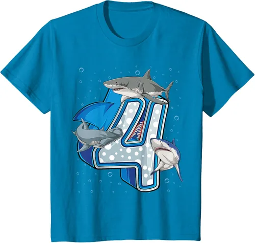 Vista 8 de Camiseta de 4.º cumpleaños para niños de 4 años con diseño de tiburón oceánico Negro