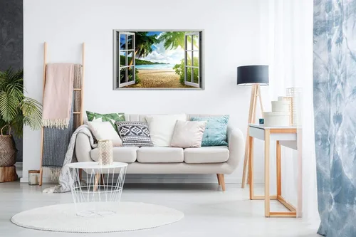 Vista 3 de Lienzo decorativo para pared con efecto de ventana 3D con vista al atardecer en la playa (12 x 8)