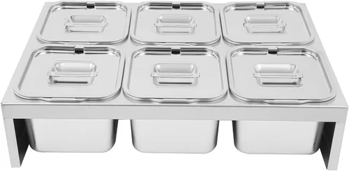 Vista 4 de Recipientes de condimentos de acero inoxidable, 6 estaciones de cobertura de pizza de 2.4 L, para preparar ingredientes y coberturas, recipientes