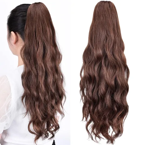Vista 49 de Extensiones de cola de caballo, extensiones de cabello de cola de caballo con clip de garra marrón oscuro para mujer, pieza de cabello rizado