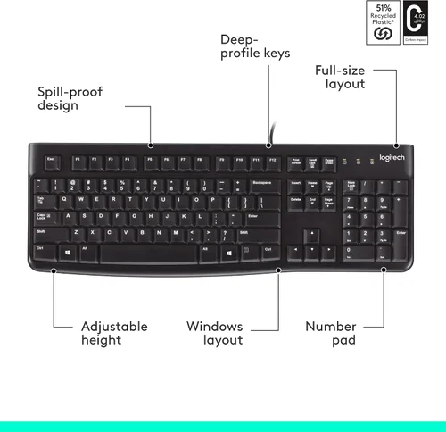 Vista 8 de K120 teclado ergonómico de escritorio con cable USB negro, Negro