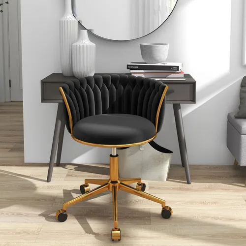 Vista 10 de Silla de escritorio de terciopelo, moderna silla de oficina con ruedas, sillón giratorio de tocador para el hogar con respaldo tejido, asiento
