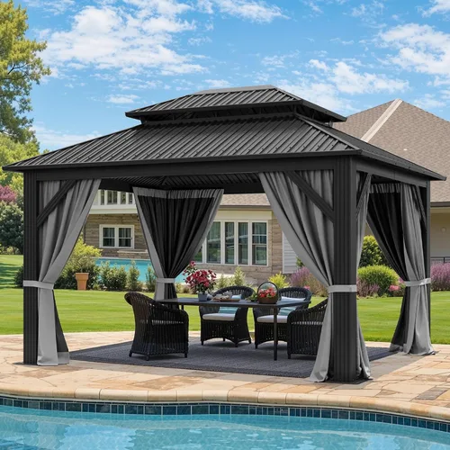 Vista 9 de YITAHOME Cenador de techo duro de 10x10 pies con redes y cortinas, acero galvanizado de doble techo resistente combinado con techo de rayas Gris