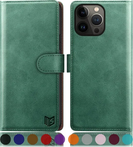 Vista 9 de SUANPOT Funda tipo cartera para iPhone 14 Pro de 6.1 pulgadas con bloqueo RFID, tarjetero y tarjetero, funda protectora de piel sintética con tapa
