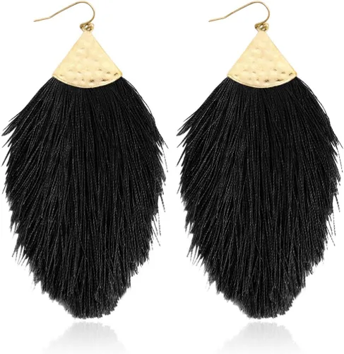Vista 17 de Aretes bohemios de hilo sedoso con flecos y borlas – Ligeros, colgantes, con hebras y forma de pluma Fleco de plumas - Azul Aqua
