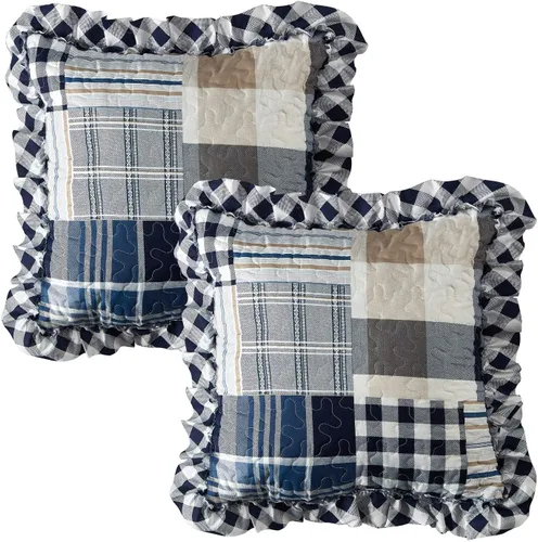 Vista 4 de Brilliant Sunshine Juego de 2 fundas de almohada decorativas acolchadas con volantes y rayas azules, fundas de cojín cuadradas para sofá, silla