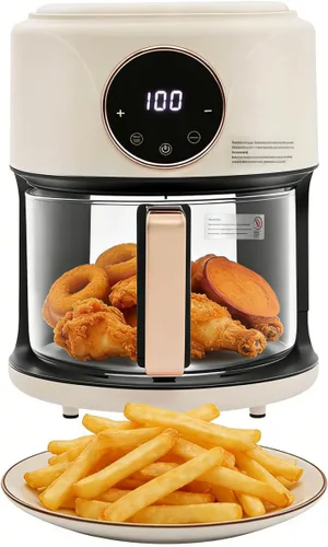 Vista 9 de Freidora aireada visible de 360°, freidora de aire de vidrio de 4.2L con pantalla digital táctil, 8 modos preestablecidos, freidora de aire de Negro