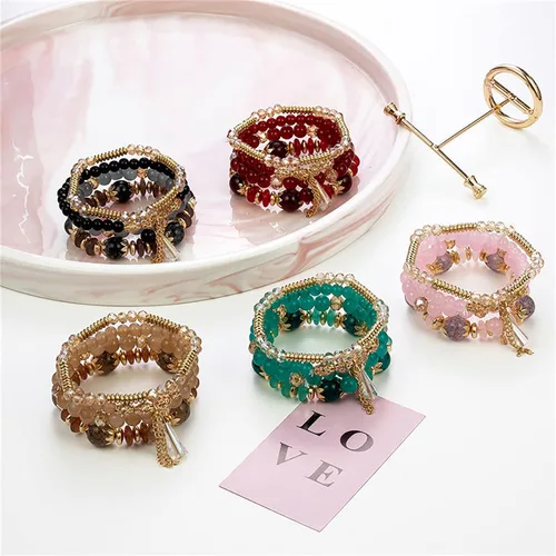 Vista 6 de Pulseras apilables de cuentas para mujer hombre juego de pulseras elásticas multicapa multicolor para reloj de joyería negro talla única