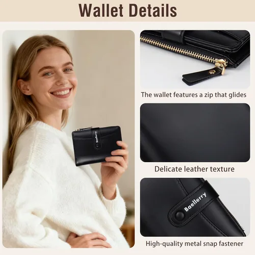Vista 3 de Cartera pequeña para mujer, billetera de cuero plegable con bloqueo RFID, bolsillo con cremallera, ventana de identificación para mujeres y niñas