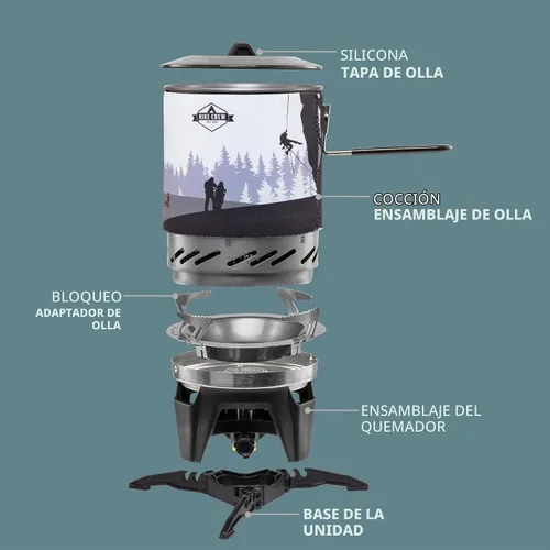 Vista 2 de HikeCrew - Estufa portátil a gas y sistema de cocina, placa de cocina compacta para acampar con olla de 1 litro, tapa de silicona, mango plegable