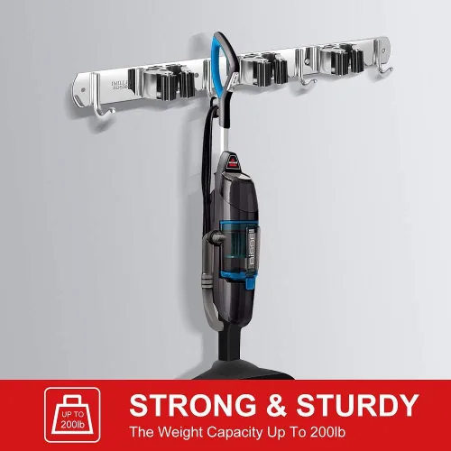 Vista 4 de IMILLET Paquete de 2 Soportes para Escobas y Fregonas con Montaje en Pared, Soporte para Escoba y Fregona de Acero Inoxidable, Autoadhesivo, Ganchos