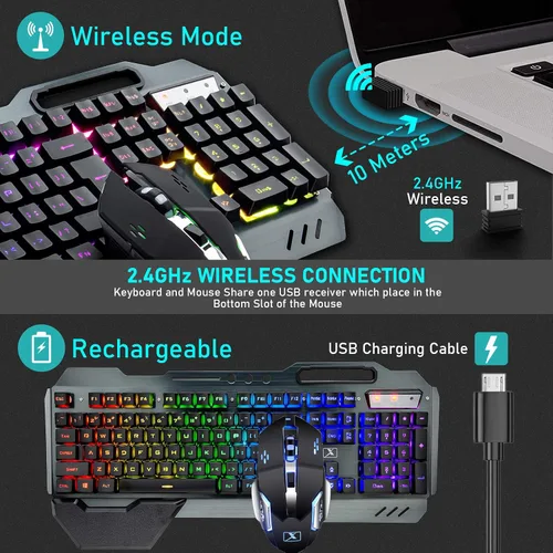 Vista 2 de Teclado inalámbrico para juegos y altavoz de computadora con cable con batería recargable con retroiluminación RGB arco iris mecánico ergonómico