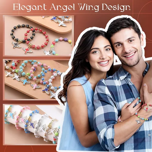 Vista 4 de Huquary 48 pulseras de rosario de cruz de ala de ángel acrílicas, pulseras de cuentas de cruz de ala de ángel para mujeres y hombres, Navidad