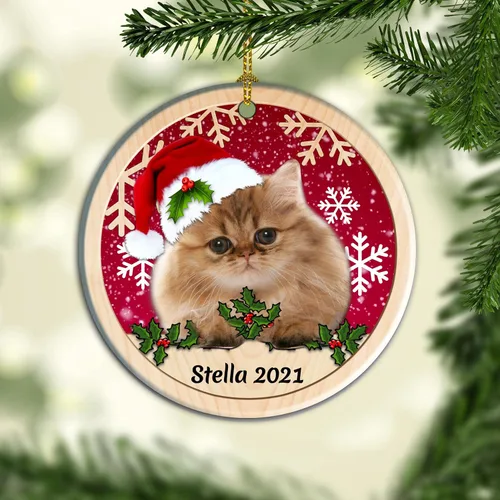 Vista 3 de Adorno de cerámica de Navidad de gato persa, adorno personalizado con nombre de gato de Navidad 02 lados, decoración colgante de árbol de Navidad
