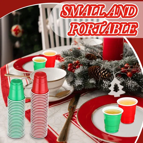 Vista 6 de Yinkin 200 vasos de chupito de plástico de Navidad a granel de 2 onzas, mini vasos de chupito desechables, mini vasos de chupito para muestras