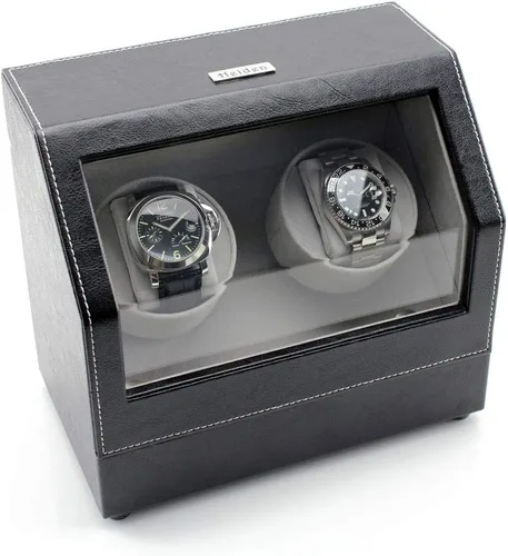 Vista 2 de Bobinadora de reloj doble con pilas en cuero negro, Negro -, Contemporáneo