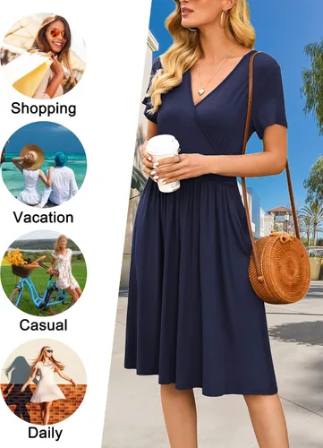 Vista 6 de Vestido de verano floral para mujer, cuello en V, bohemio, con volantes, manga con volantes, vestido de lunares suizos, con cinturón, acampanado