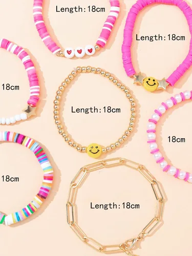Vista 4 de 8 pulseras de surf de disco sonriente de arcilla colorida, sonrisa feliz mal de ojo, pulsera apilable, bohemia, multicolor, arcilla polimérica