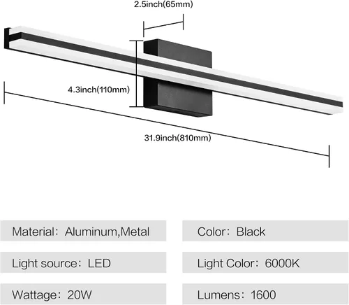 Vista 4 de SOLFART Lámpara de tocador de baño, color negro mate, 32 pulgadas, luces LED para baño, 6000 K, accesorios de pared ND