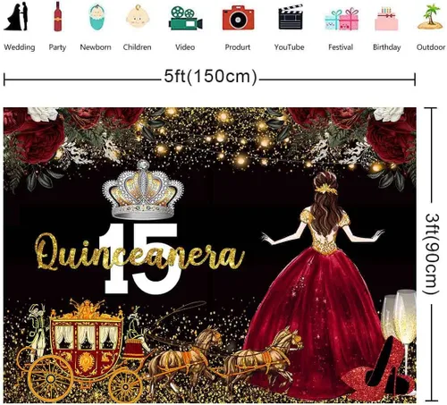 Vista 2 de Vestido rojo, fondo de flores de rosa, telón de fondo de cumpleaños de quinceañera para niña, princesa, feliz cumpleaños 15, carruaje de fotografía