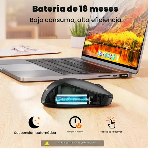 Vista 5 de TECKNET Ratón inalámbrico Bluetooth, receptor USB-A Bluetooth 5.0 y 2.4G, compacto y portátil, clic silencioso, diseño ergonómico simétrico, batería