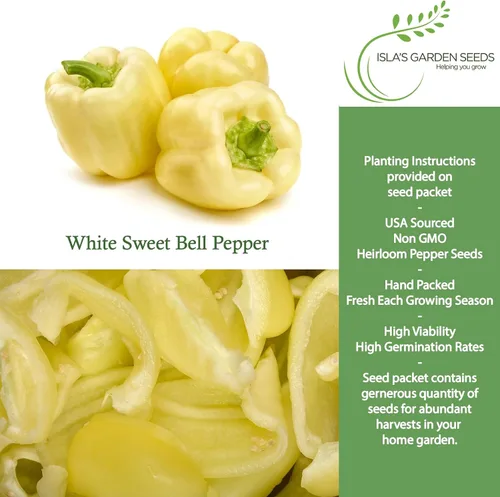 Vista 2 de Semillas de pimiento blanco dulce (Capsicum annuum) – Más de 20 semillas tradicionales sin OMG de Isla's Garden Seeds, sabor dulce suave, pimientos