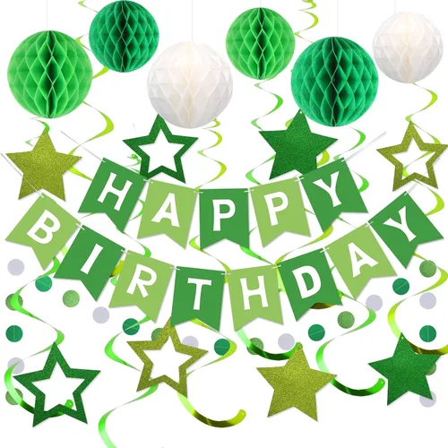 Vista 16 de meowtastic - Decoraciones de cumpleaños, pancarta de feliz cumpleaños con bolas de panal de abeja, serpentinas colgantes de estrellas, guirnalda